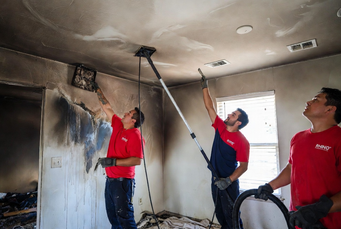 Rhino technicians cleaning fire and smoke damage in Houston