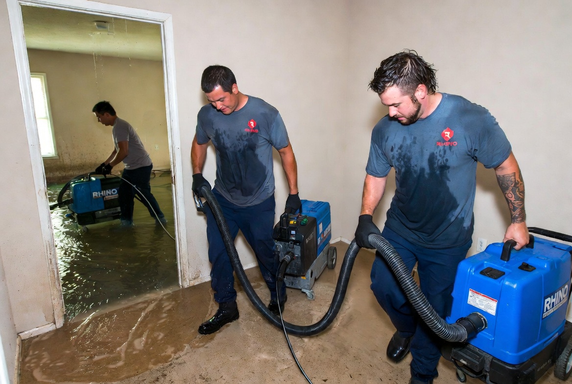 Rhino technicians extracting water from flooded home in Houston