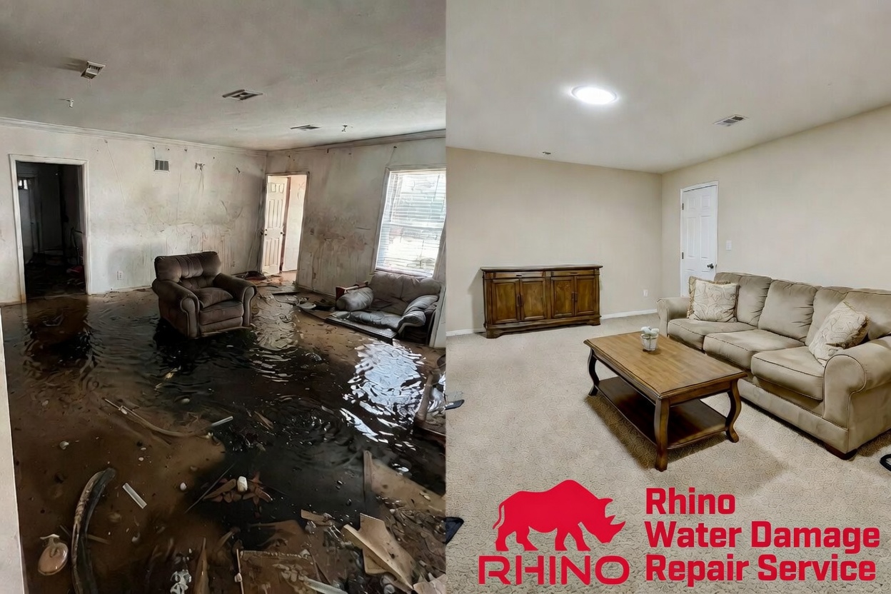 Flood damage before and after restoration in Houston living room by Rhino
