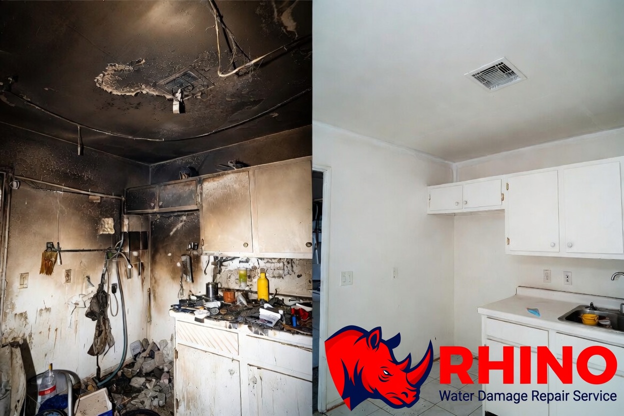 Fire damage before and after restoration in Houston kitchen by Rhino