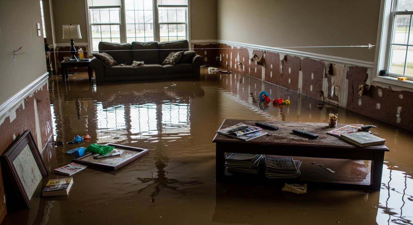 Flooded living room in Houston home requiring emergency water damage restoration