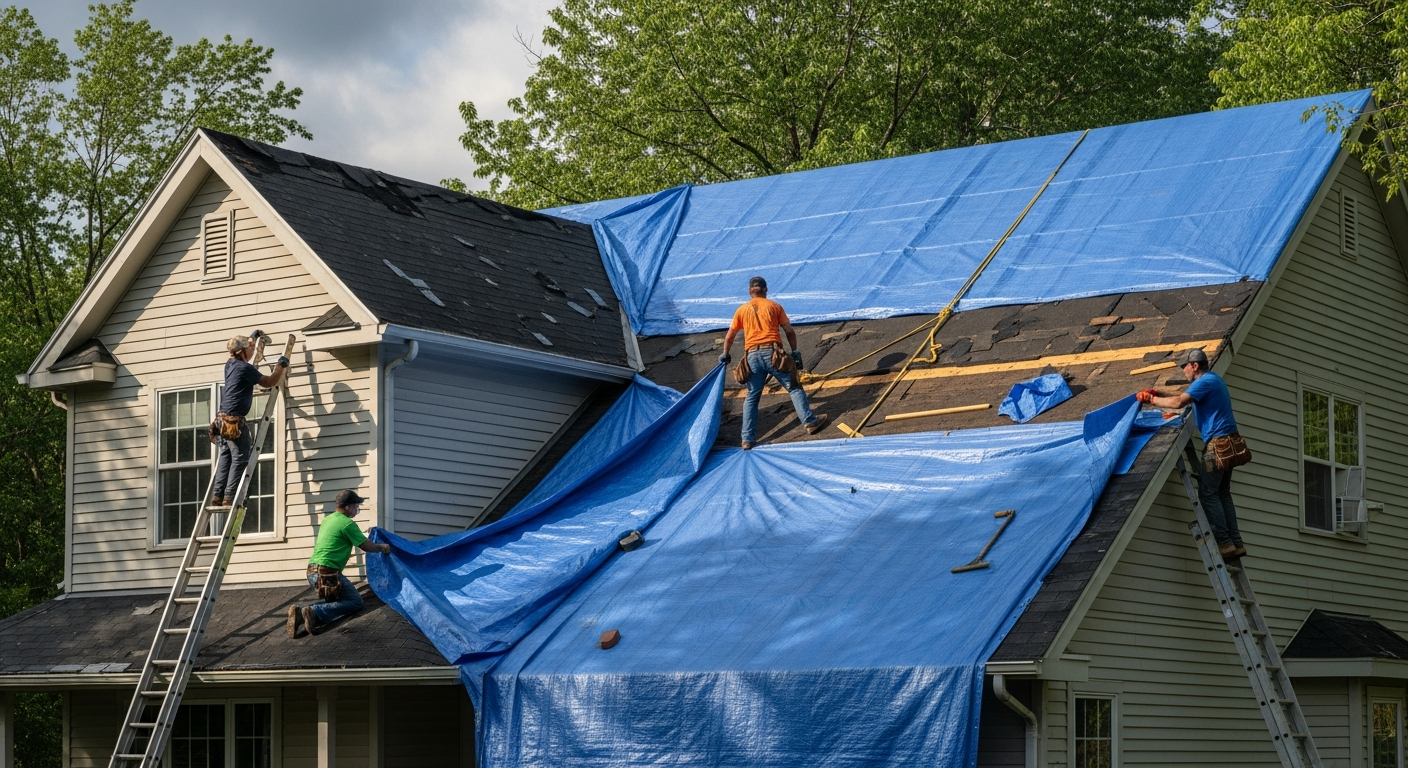 Rhino crew tarping Houston roof after storm damage